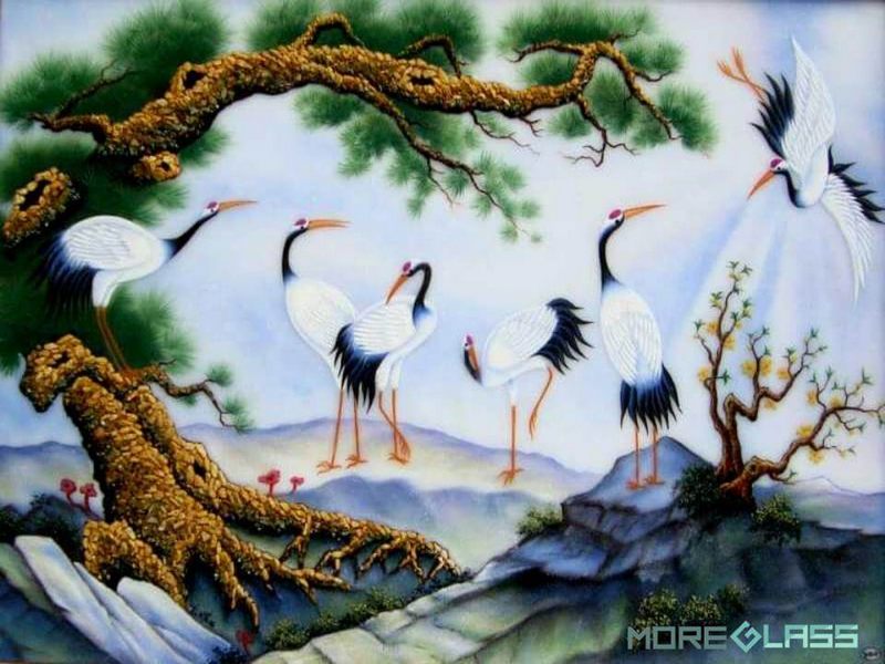 Mẫu tranh kính chim hạc và cây cổ thụ